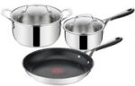 Jamie Oliver Kitchen Essential Stainless Steel 5 Piece Cookware Set - By Tefal, Designed by Jamie Oliver, Features Thermo-Signal Spot Technology, Riveted Stainless Steel Handles, Includes 1x 28cm Non-Stick Frying Pan, 1 x 1.5 Litre Saucepan 1 x 3 Litre Stewpot, 2x Clear Glass Vented Lids, Compatible With All Hobs Excluding Induction, Retail Box Out of Box Failure