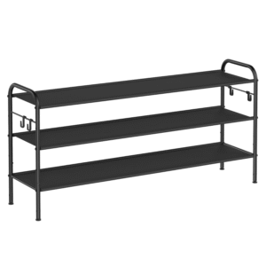 3-tier shoe rack with hooks - fabric shelves, black