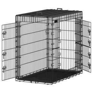 Heavy-duty foldable metal dog cage 2 doors & removable tray - black