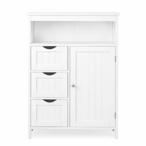 White freestanding floor storage cabinet - 3 drawers & shelf
