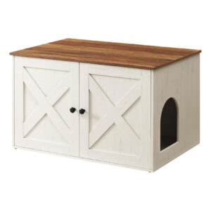Wooden cat litter box cabinet with tabletop & divider - white