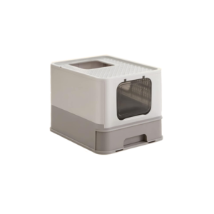 Foldable cat litter box with lid, drawer & scoop - grey