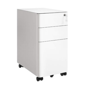 Rolling file cabinet 3 drawer lockable unit for home office - white