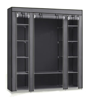 Portable fabric wardrobe with clothes rail and storage compartments