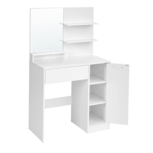 White vanity table - mirror, drawer & shelves, modern makeup desk